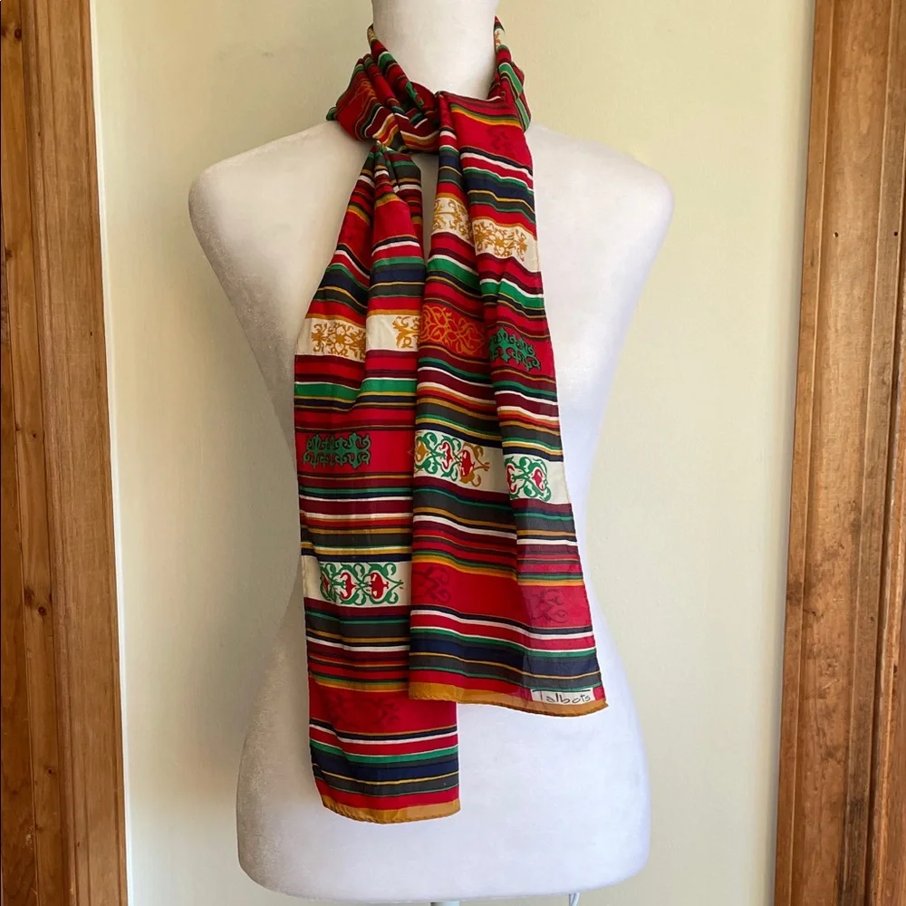 TALBOTS Vintage Oblong Silk Geometric Scroll Motif Multicolor Scarf